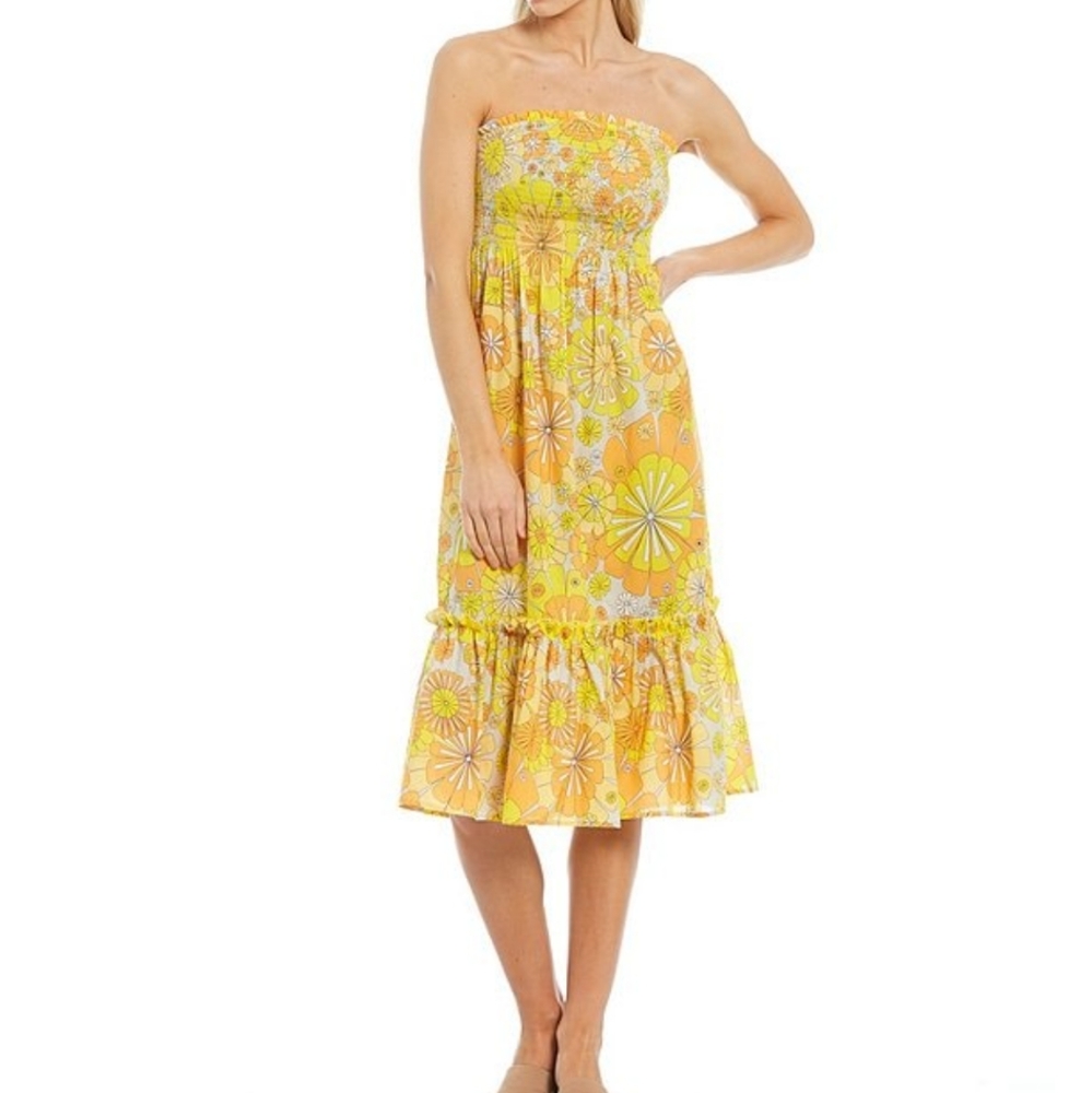 Julie Brown Hampton Floral Print Ruffle Hem Strapless Smocked Dress